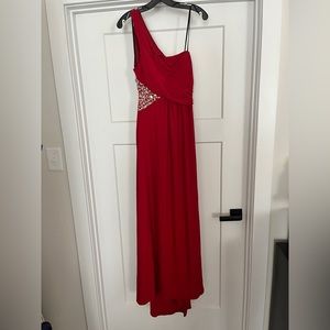 Long red, one shoulder prom dress